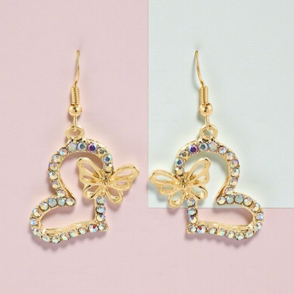 Fashion Heart Rhinestone Drop Earrings Butterfly Heart Elegant Jewelry